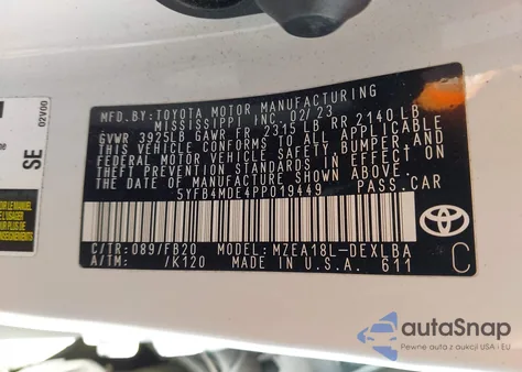 2023 Toyota Corolla Le из США, поврежденный, VIN 5YFB4MDE4PP019449